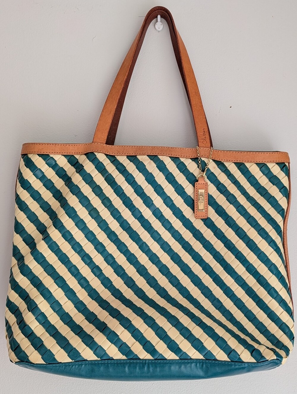 Cole Haan Striped Tote Bag in Teal and Cream Woven Canvas with Tan Leather Trim
